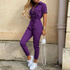 Women's Printed Belted Button-Front Collared Jumpsuit – Casual Office Capri (Ankle-Length)
