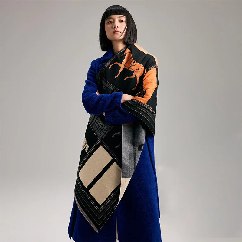 Women's Soft Cashmere Pashmina Scarf 180 x 65 cm (71 x 25.6 in) Plaid Horse Print Tassel Wrap Shawl