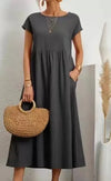 Women’s Vintage Cotton-Linen O-Neck Short Sleeve Maxi Dress – Casual Loose Pleated Summer Sundress