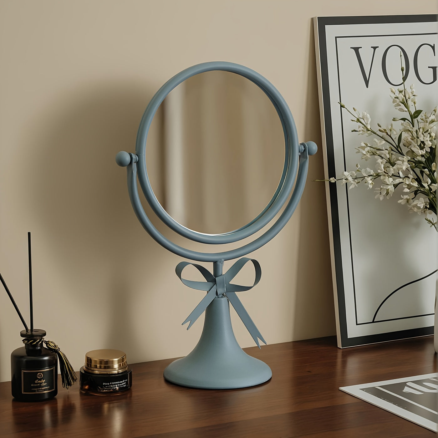 Elegant Wrought Iron Adjustable Tabletop Vanity Mirror – HD Rotating Makeup Mirror, Macaron Color Options