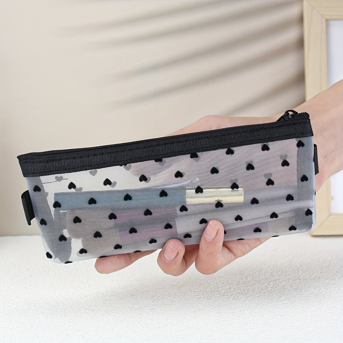 Heart Mesh Cosmetic Bag – Clear Travel Makeup Brush Organizer & Lipstick Pouch