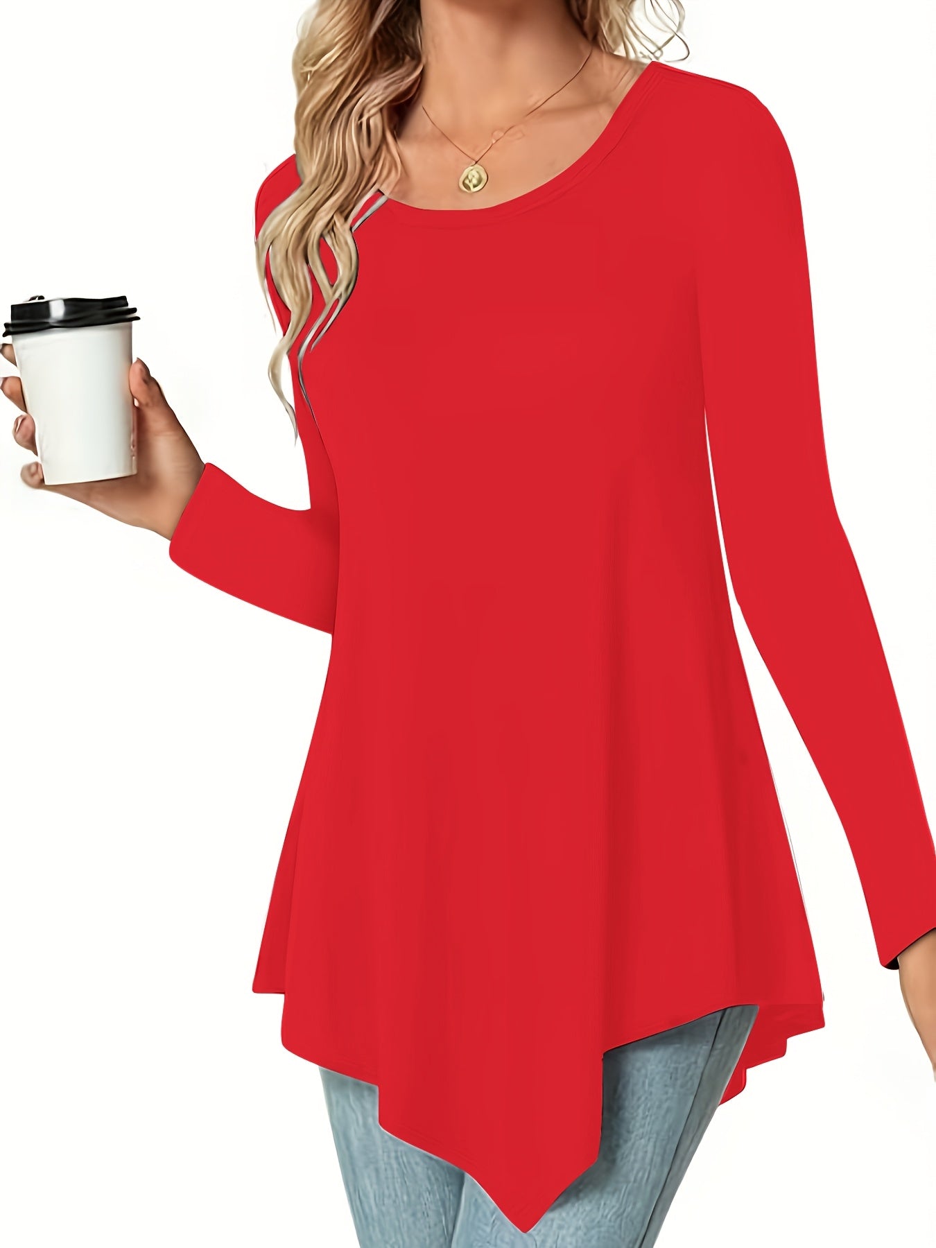 Women's Long Sleeve Peplum Top - Relaxed Fit Crew Neck Casual Blouse for Spring, Summer & Fall