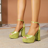Vintage Chinese Style Women's High Heel Sandals - 4.7 in (12 cm) Block Heel, Chunky Square Toe T-Strap, Fish-Mouth Cross Buckle, Satin Print Rubber Sole