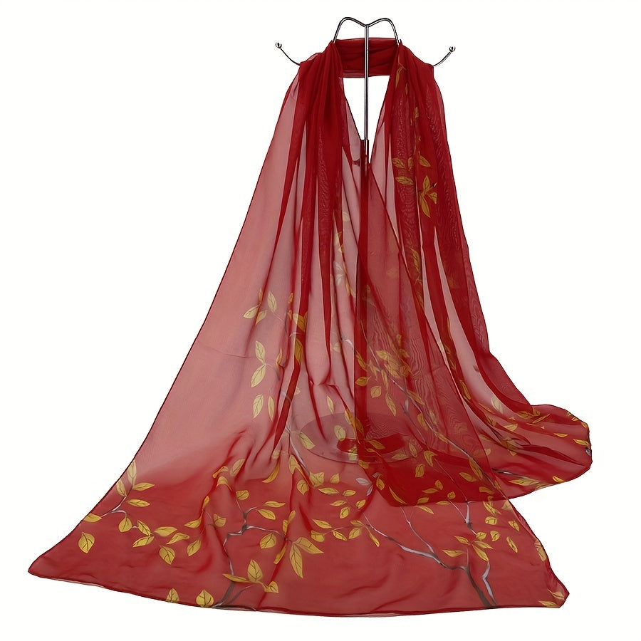 Sheer Bamboo Leaf Chiffon Shawl Scarf – Lilac & Green Lightweight Wrap for Beach, Wedding & Party, 59 x 19 in (150 x 50 cm)