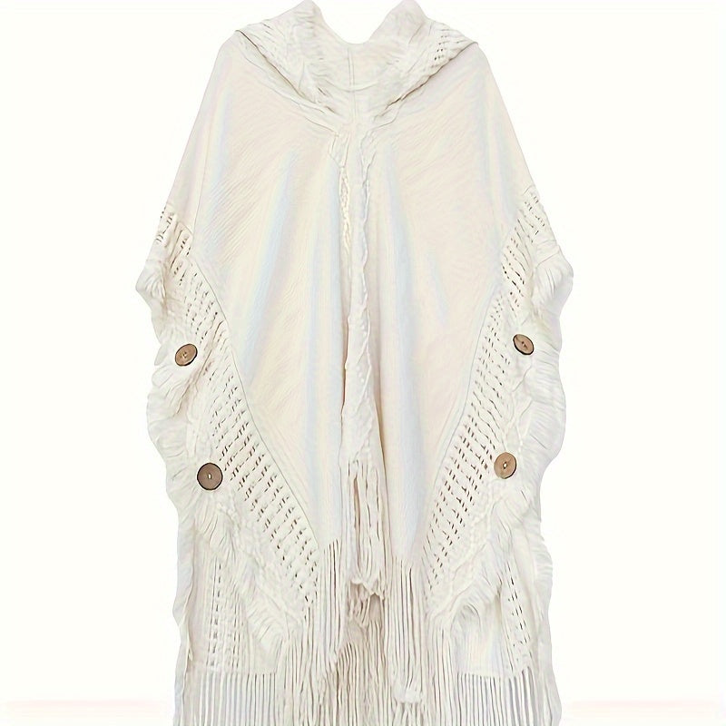 White Boho Fringe Shawl for Women – Lightweight Polyester Wrap, Breathable Sun-Proof Cover-Up for Spring & Autumn