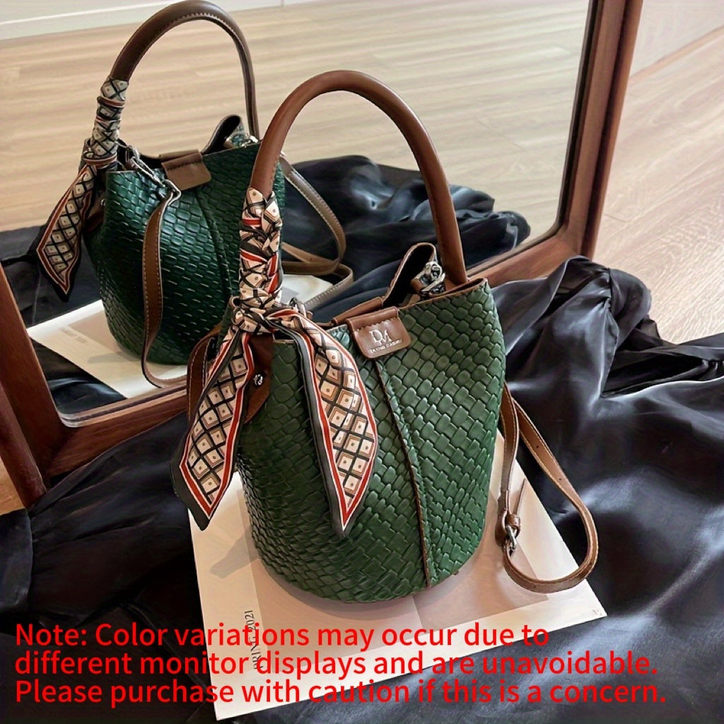 Women's Woven Bucket Bag – Large Capacity Shoulder & Crossbody Handbag with Adjustable Detachable Strap, Polyester-Lined, Multiple Colors