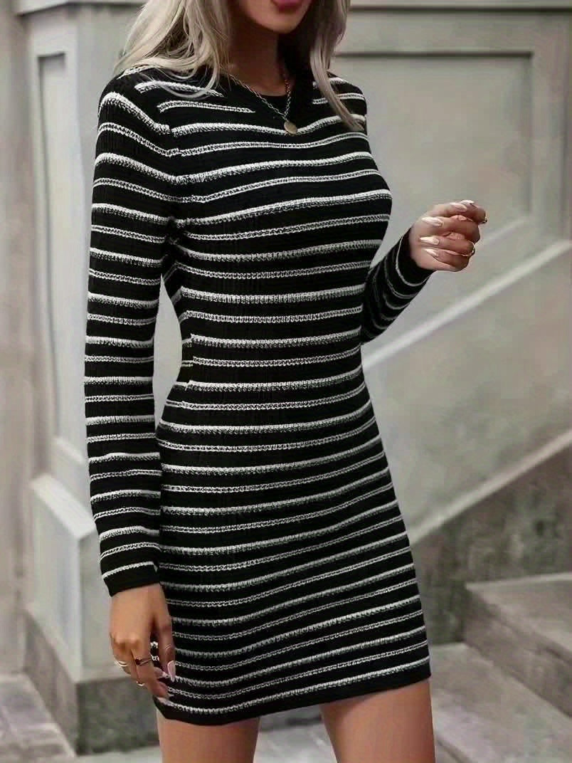 Women's Black & White Horizontal Stripe Sweater Dress – Crew Neck Machine-Washable Pullover for Office to Party
