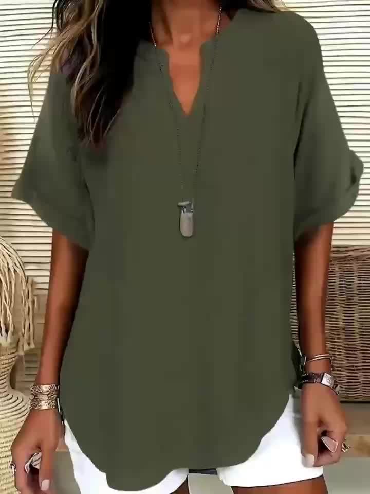 Plus Size V-Neck Blouse - Women's Short Sleeve Loose Batwing Top with Flared Hem, Stretchy Casual Shirt