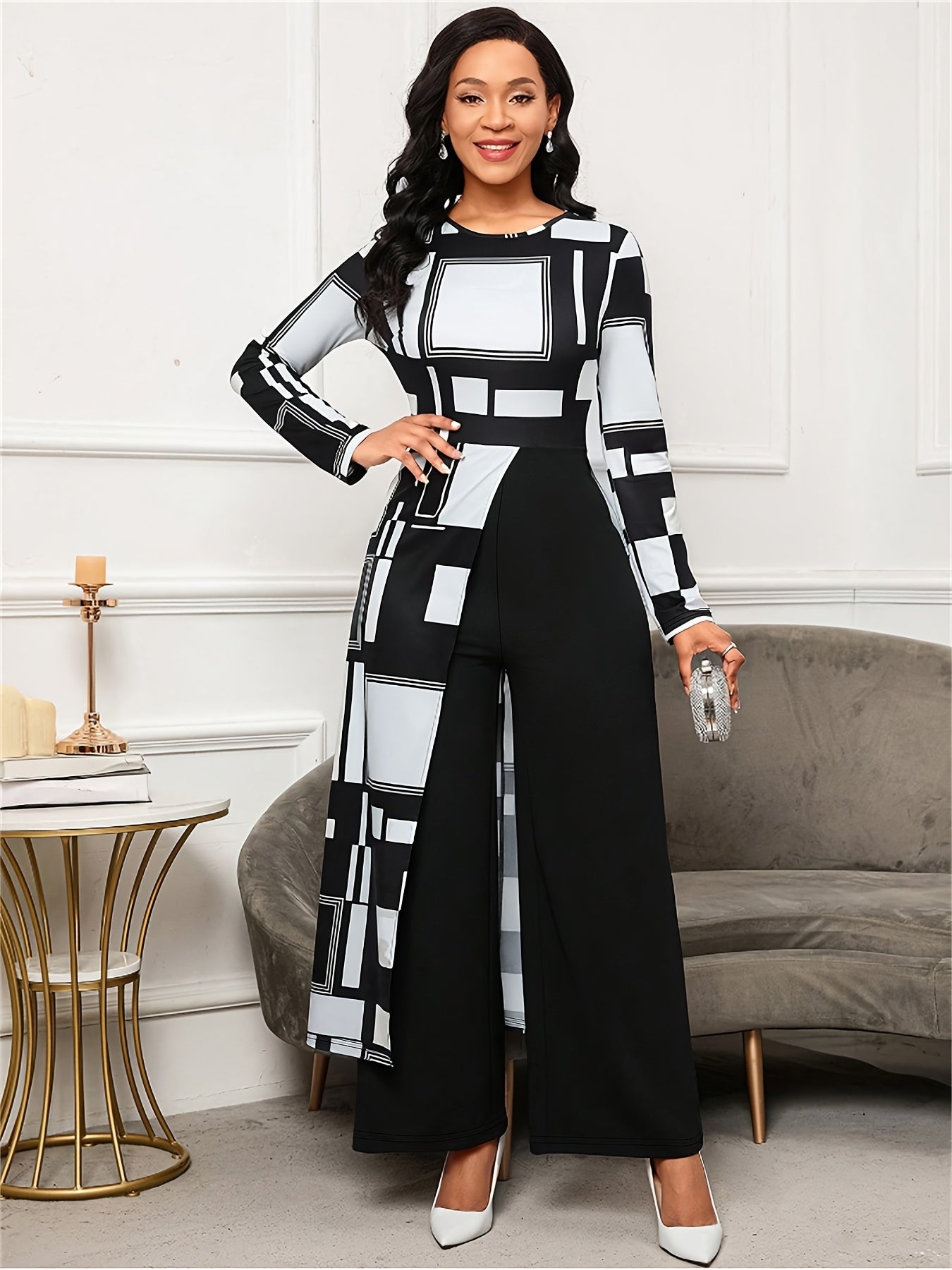 Women's Black & White Plaid Jumpsuit – Winter Wide-Leg Trousersuit with Crew Neck & Asymmetrical Collar, Machine Washable Full-Length Bodysuit for Office Party Wedding