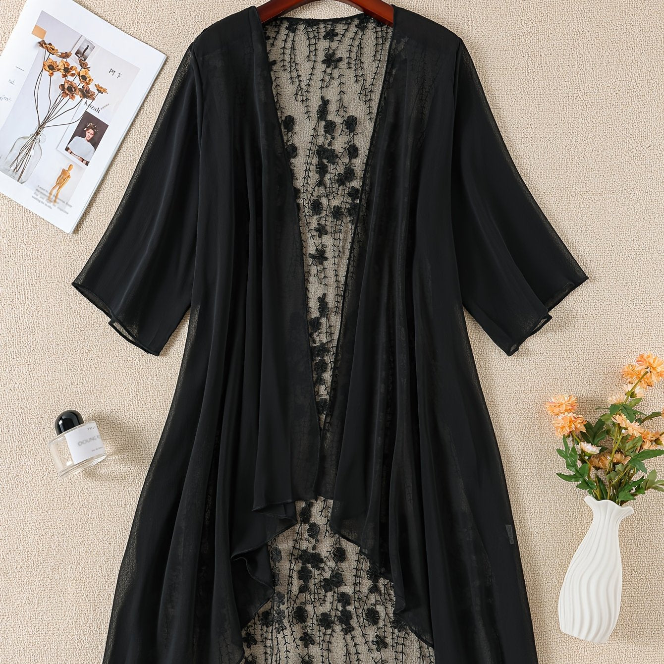 Plus Size Floral Embroidered Kimono Cardigan - Lace Trim Midi Cape, Long Sleeve Semi-Sheer
