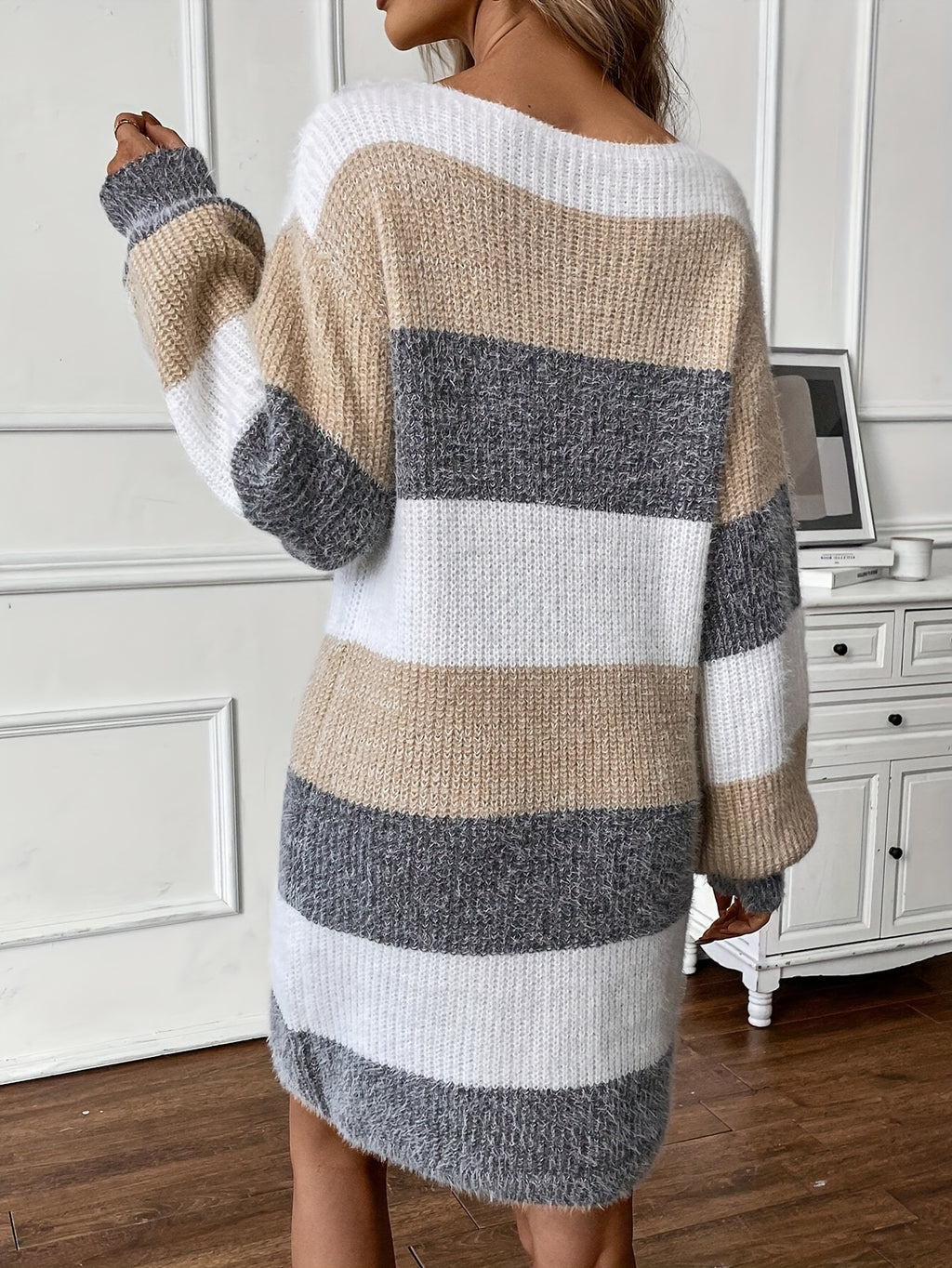 Color Block Fuzzy Knit Sweater Dress – Crew Neck Drop Shoulder Lantern Sleeves for Fall & Winter