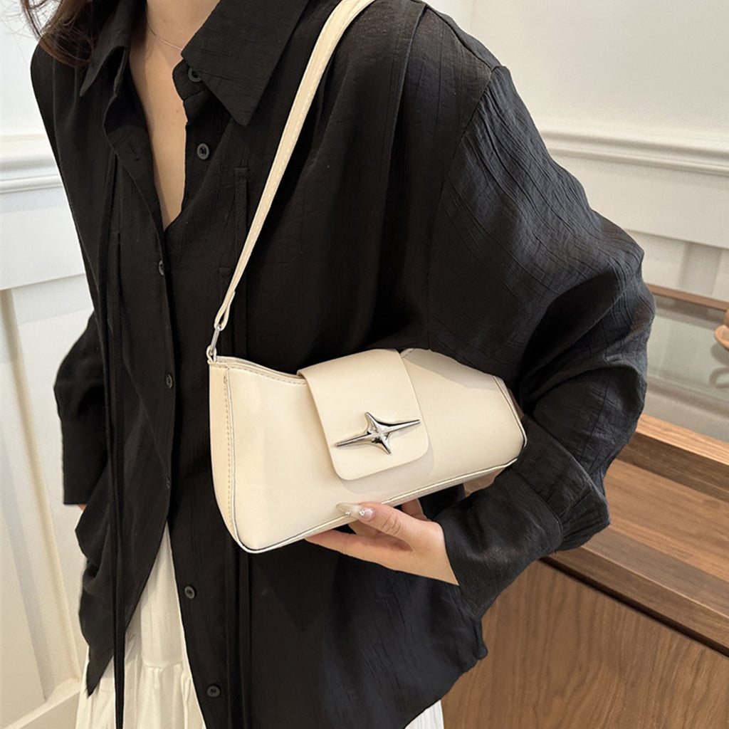 Textured Underarm Baguette Bag for Women – PU Shoulder & Crossbody with Lock Closure, Black (Also White)