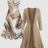 Women's V-Neck Dress & Long Cardigan 2-Piece Set, Geometric Knit, Soft Warm Fabric, All-Season
