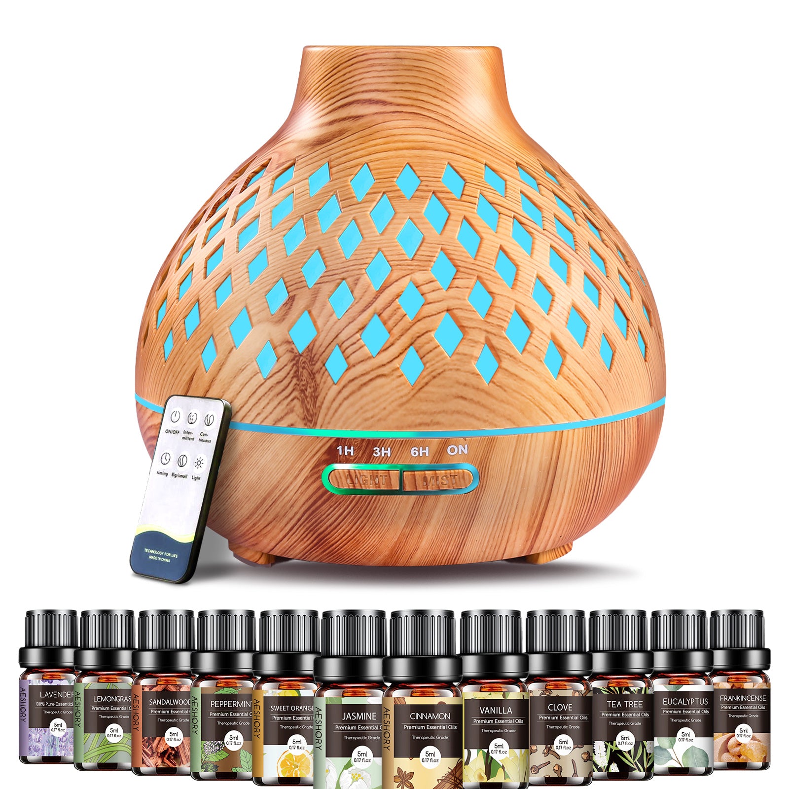 550ml (18.6 fl oz) Ultrasonic Essential Oil Diffuser with 12-Pack Oils, Remote, 7-Color LED & Timers — Large Aroma Humidifier for Bedroom Spa Yoga Hotel