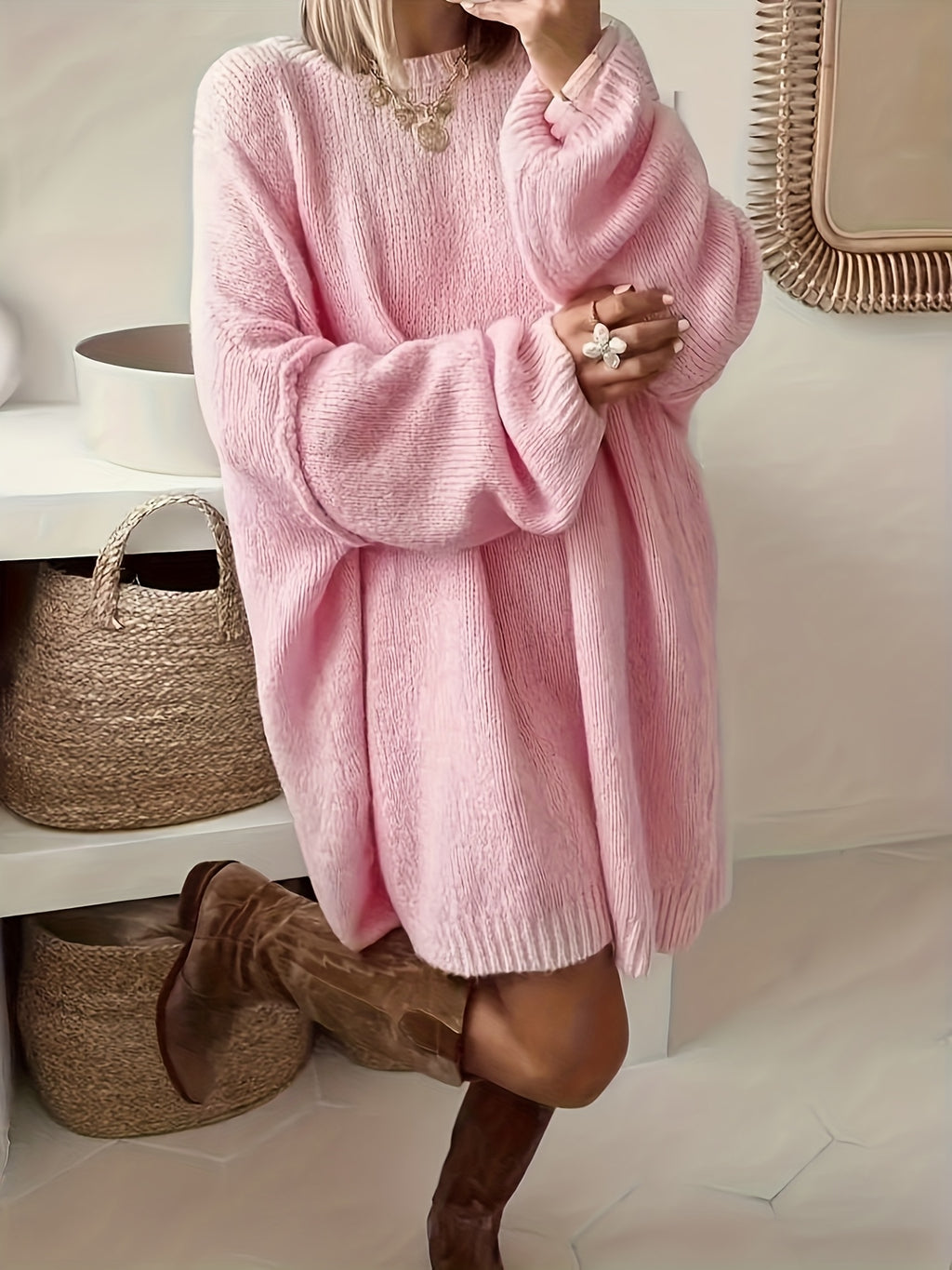 Plus Size Oversized Sweater Dress - Soft Beige Long Knit Pullover Coat, Crew Neck, Relaxed Fit, Machine Washable