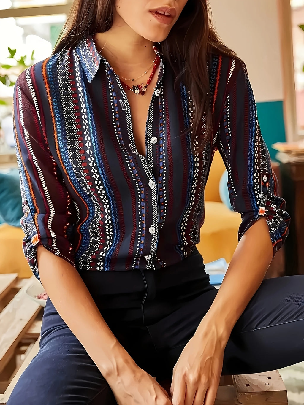 Ethnic Striped Button-Up Shirt - Vintage Long Sleeve Polyester Blouse for Women, Spring and Autumn