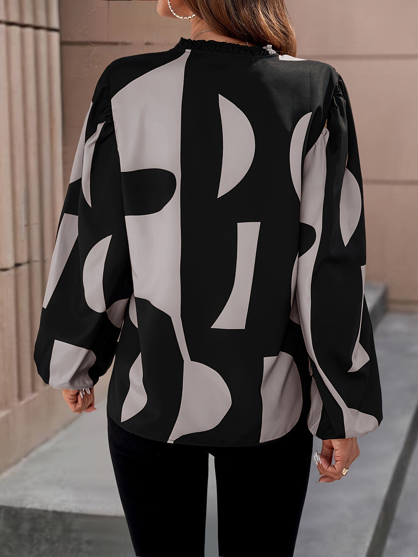 Elegant Black & Red Color Block Puff Sleeve Blouse for Women - Opaque Machine-Washable Spring/Fall Top