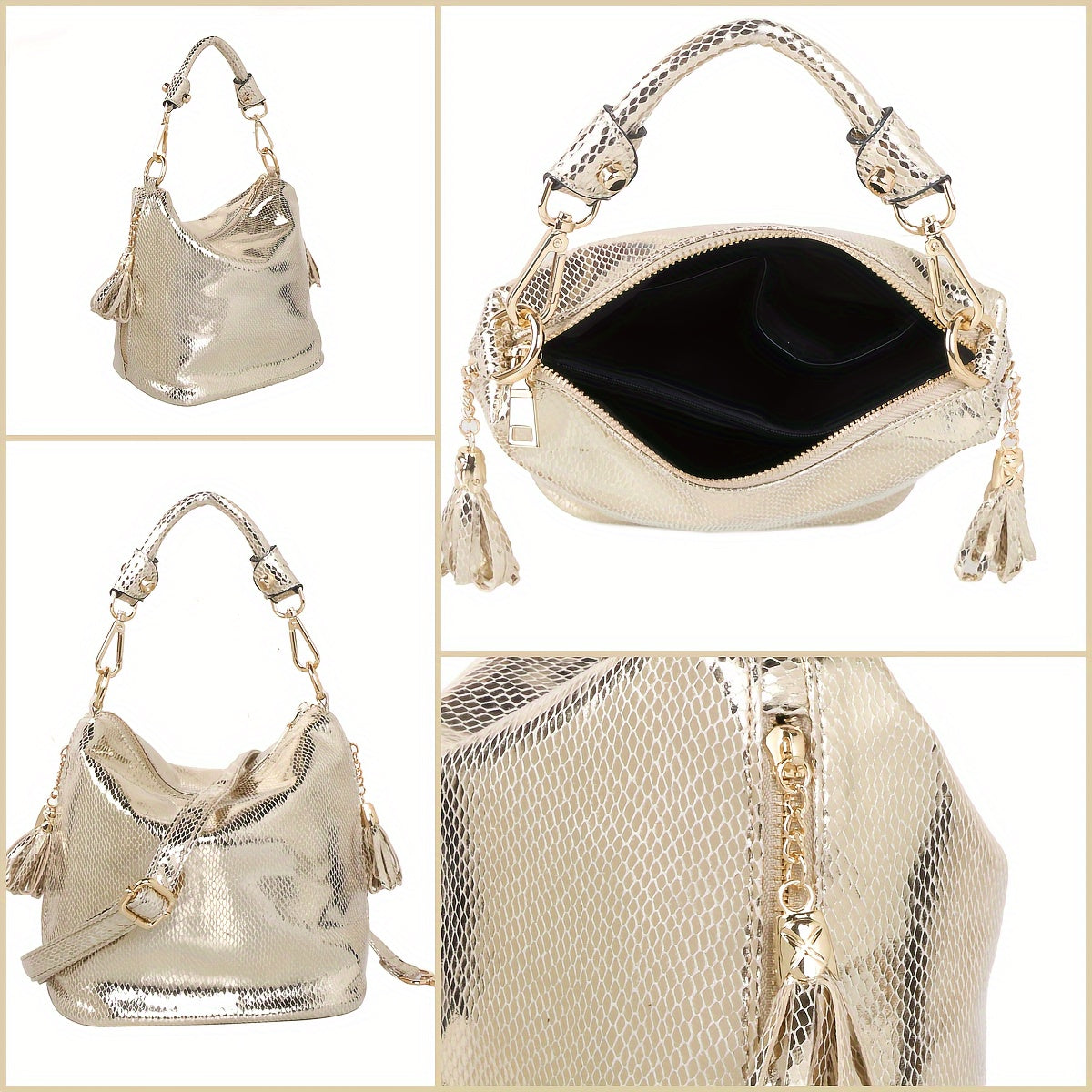Snakeskin Faux Leather Shoulder Bag for Women - Adjustable Strap Tassel Zippered Handbag Black and Gold