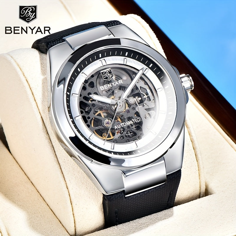 BY BENYAR Automatic Mechanical Unisex Watch – Luminous Round Dial, Blue & Gold Accents, PU Faux Leather Strap