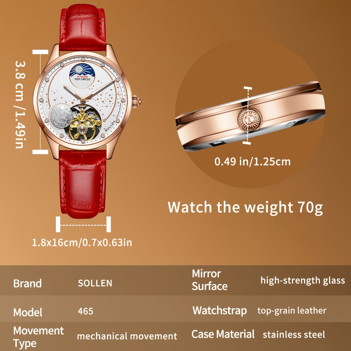 Women's Mechanical Skeleton Watch with Luminous Hands, Rose Gold Case & Red Leather Strap, White Dial Luxury Gift