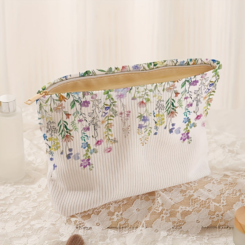 Floral Corduroy Makeup Bag - Zipper Travel Toiletry Pouch & Cosmetic Organizer, Portable Gift for Women