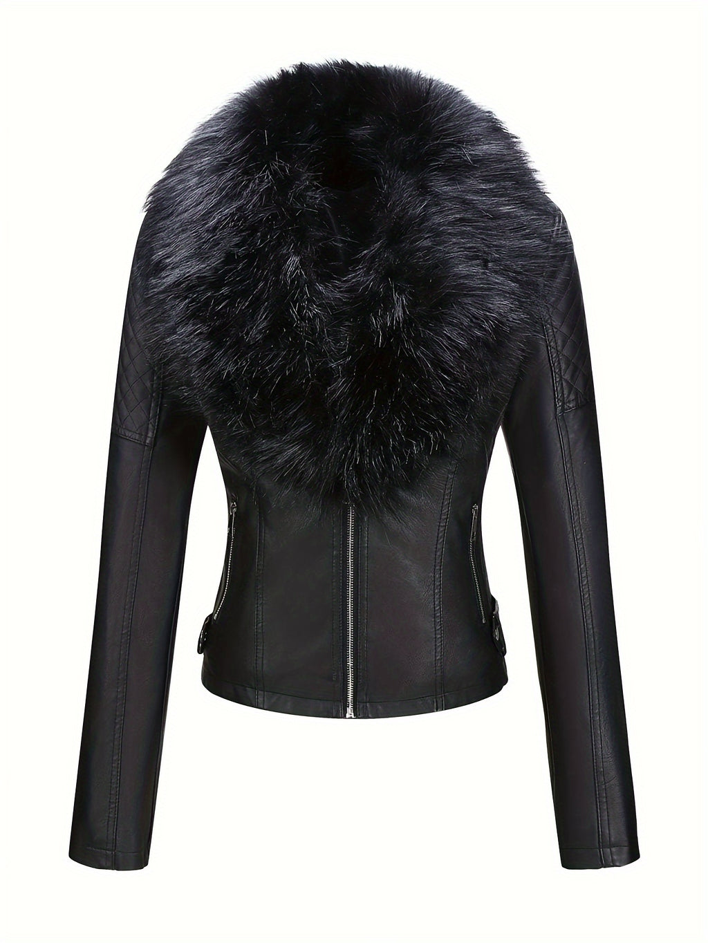 Women's Retro Faux Leather Motorcycle Jacket with Detachable Large Fur Collar - Fall/Winter
