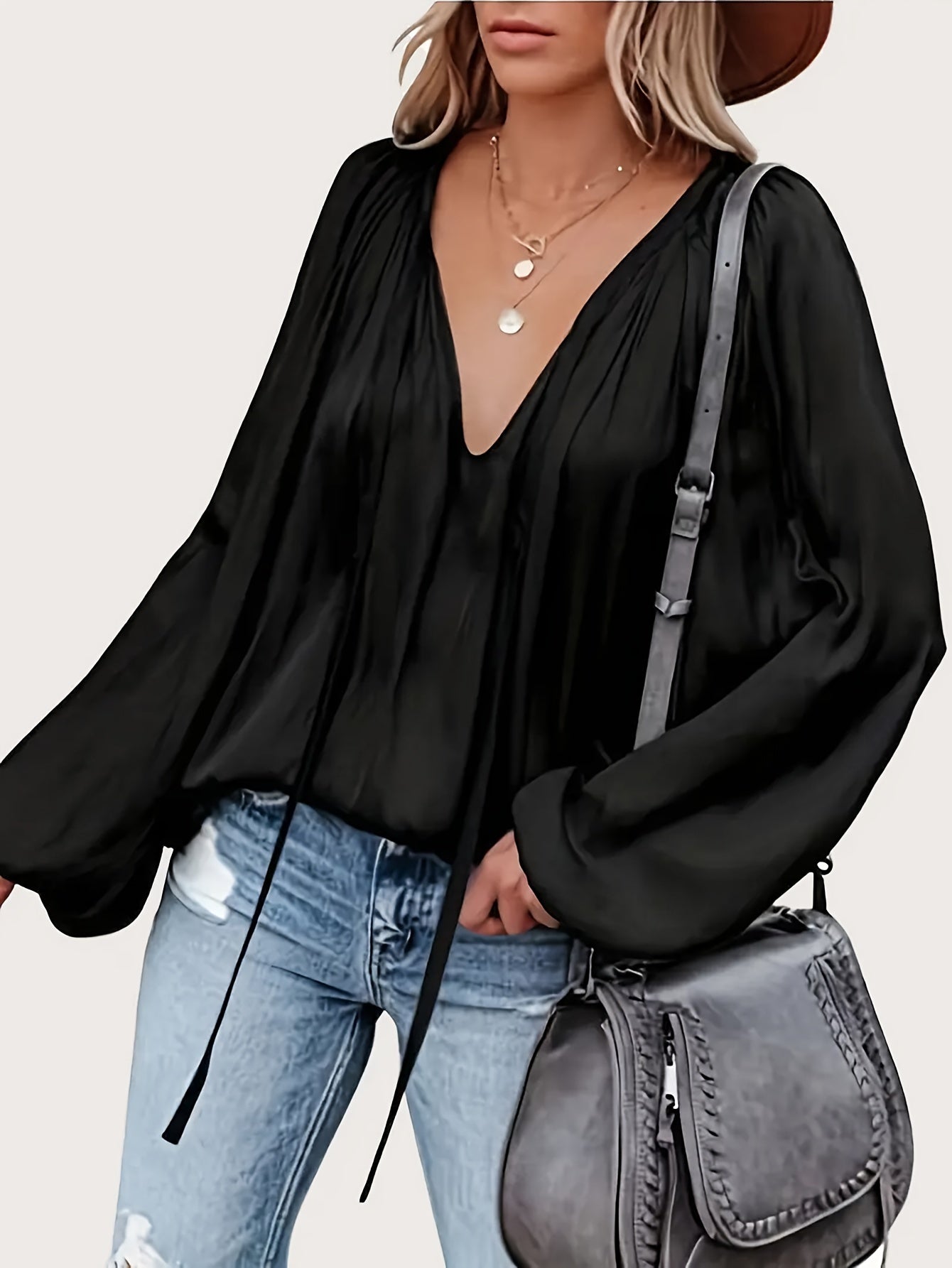 Green French Satin Tie-Front Blouse V-Neck Long Sleeve Ruched Top for Women