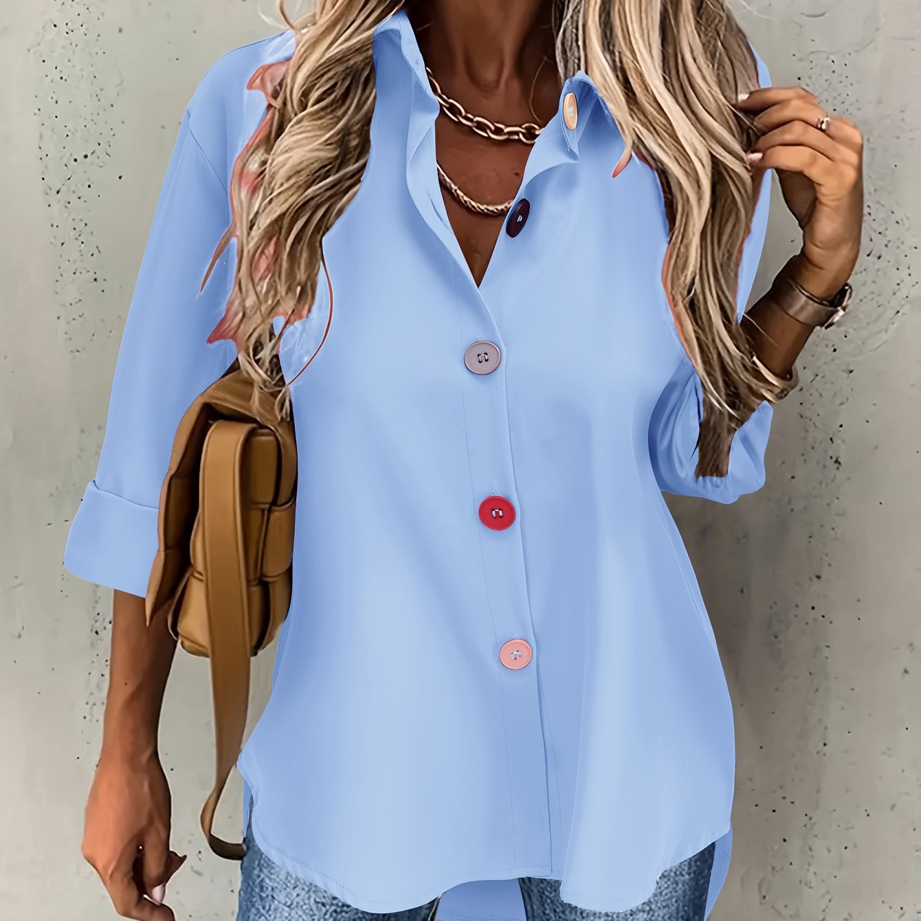 Women's Elegant Button-Front Blouse - Lapel Collar, Machine Washable All-Season Office & Casual Shirt - Green