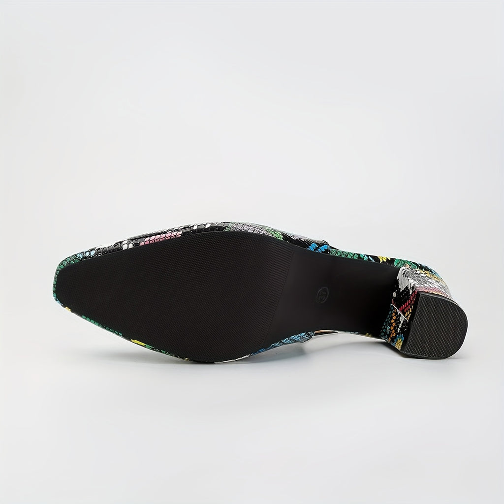 Women's Snakeskin Ankle-Strap Block Heel Square Toe Slip-On Sandals