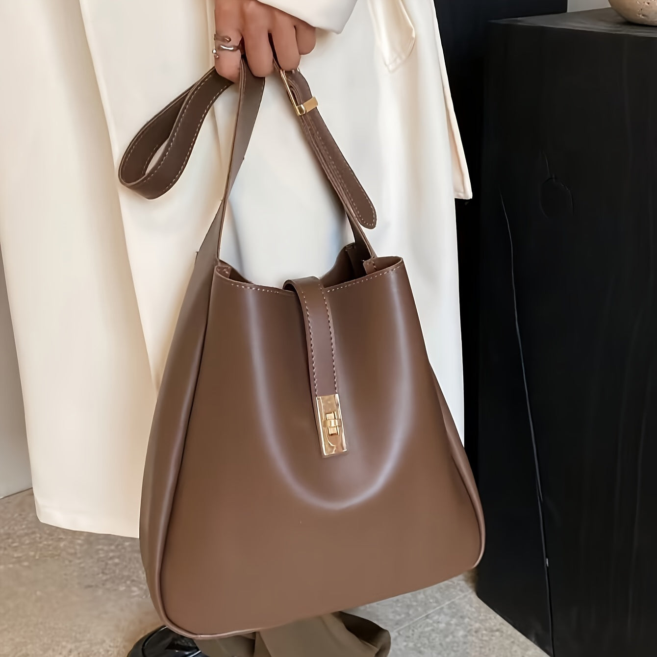 Faux Leather Tote Bag with Twist Lock – Convertible Shoulder & Crossbody Handbag for Women (Khaki, Coffee, White)