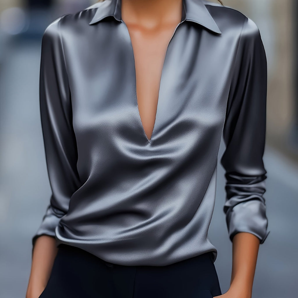 Silvery Satin V-Neck Blouse for Women, Long Sleeve Button-Front Satin Shirt, Elegant Smooth Finish