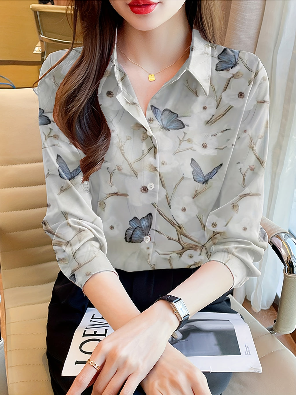 Women's Floral and Butterfly Print Long Sleeve Polo Blouse - Turnover Lapel Collar Single-Breasted Casual Top for Spring/Fall