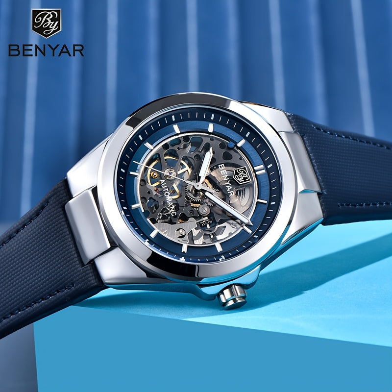 BY BENYAR Automatic Mechanical Unisex Watch – Luminous Round Dial, Blue & Gold Accents, PU Faux Leather Strap