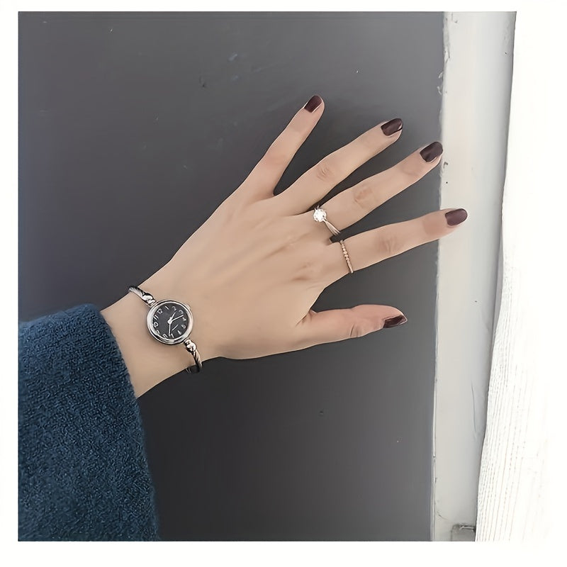 Women's Mechanical Watch – Minimalist Retro Black Dial with White Hands, Nylon Strap & Clear Bezel, Bracelet Included