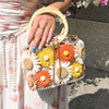 Women's 3D Floral Crossbody Bag with Wooden Handle – White Drawstring Messenger Purse for Travel & Evening