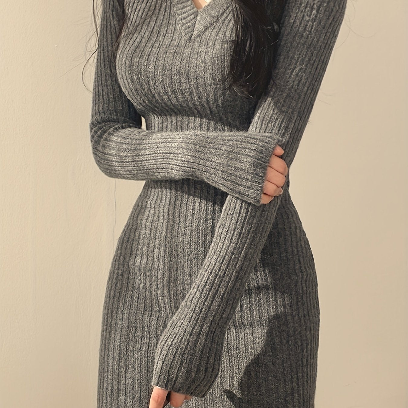 Women's Elegant V-Neck Knit Sweater Bodycon Dress - Long Sleeve Fall Winter