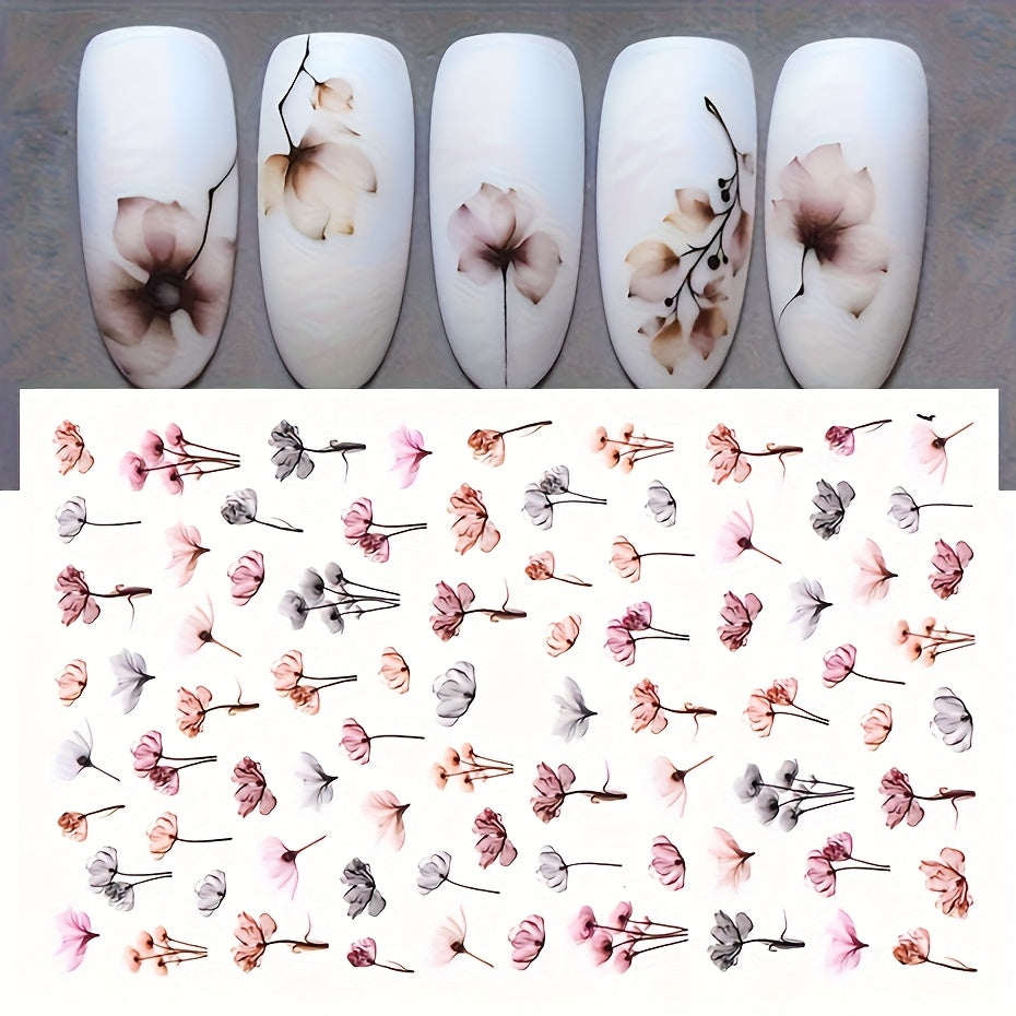 Gradient Bloom Watercolor Flower Nail Stickers - 1 Sheet Self-Adhesive Semi-Gloss Floral & Leaf Decals for Elegant Manicures
