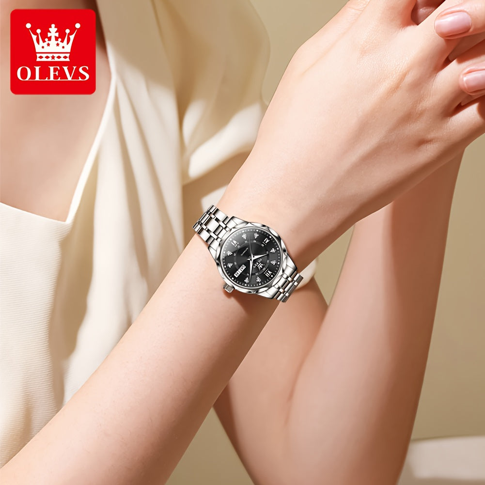 OLEVS Women's Automatic Mechanical Watch - Stainless Steel Dual Calendar Luminous Rectangular Case