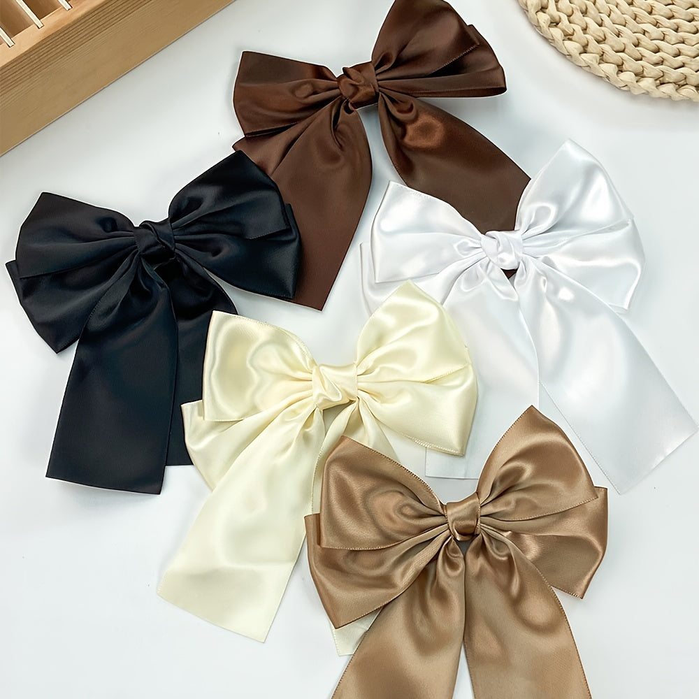 5-Pack Satin Fabric Bow Hair Clips for Women & Teens – Solid Color Crocodile Clip Set, Elegant Christmas Hair Bows