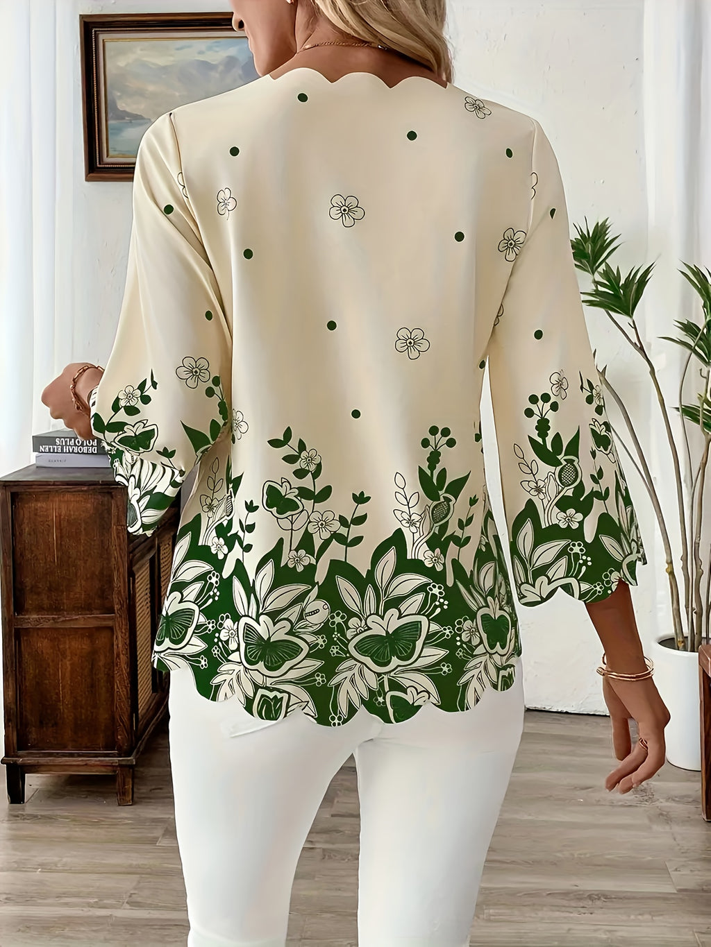 Elegant Floral Women's Short Sleeve Blouse - Black & White Dot Tunic with Collar, Machine Washable, Casual to Dressy