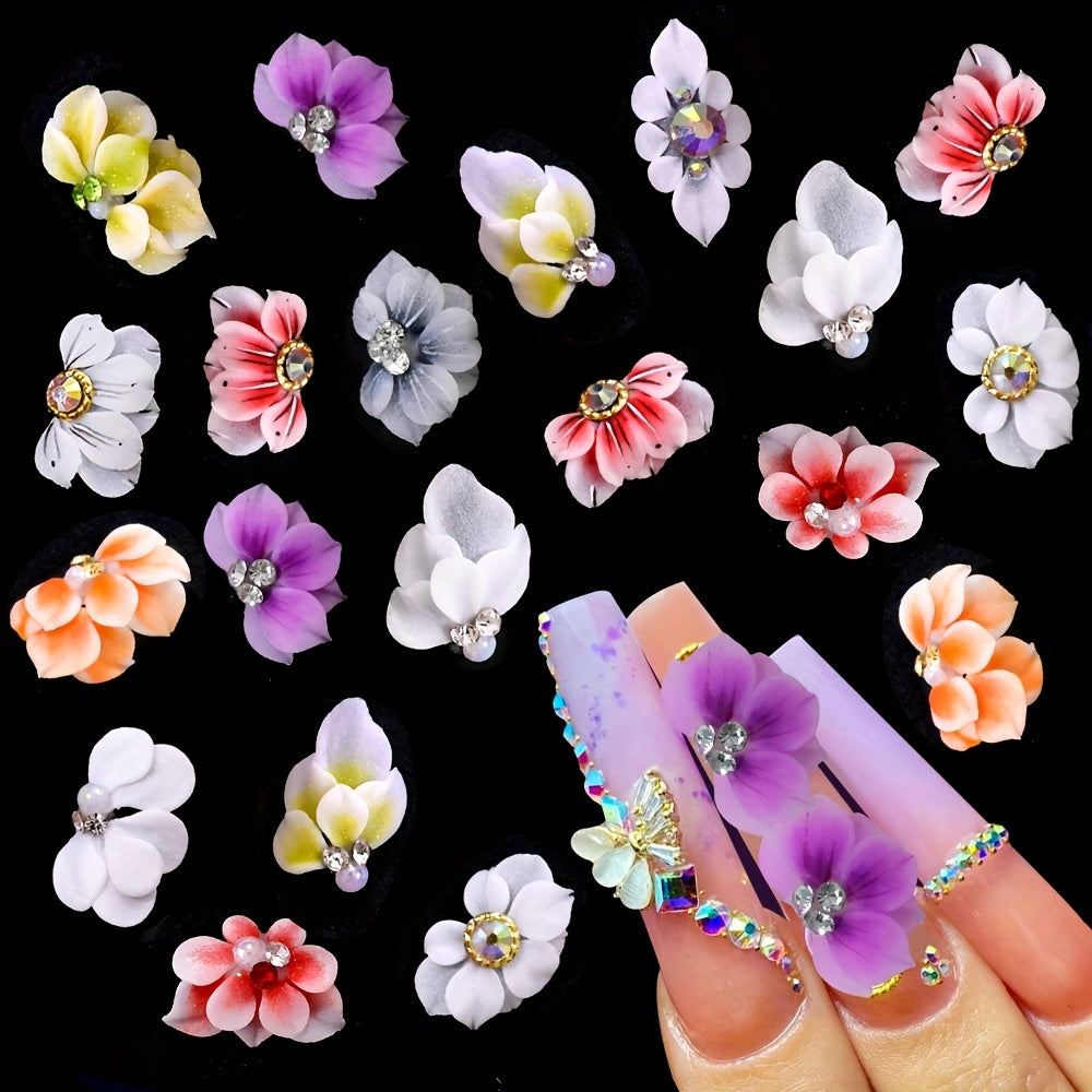 10-Pack 3D Acrylic Carved Flower Nail Art Charms Rhinestone Sculpted Cherry Blossom Nail Decorations