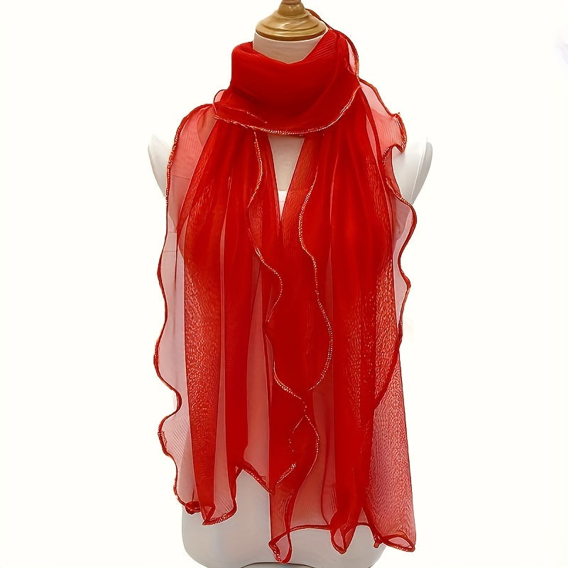 Bohemian Ruffle Edge Scarf — Long Lightweight Breathable Shawl with Glitter Accents, Sun Protection Wrap for Women