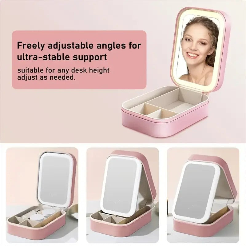 Foldable USB LED Makeup Mirror, Touch Control, 1X/10X Magnification, Adjustable Brightness, Pink Faux Leather Travel Cosmetic Organizer