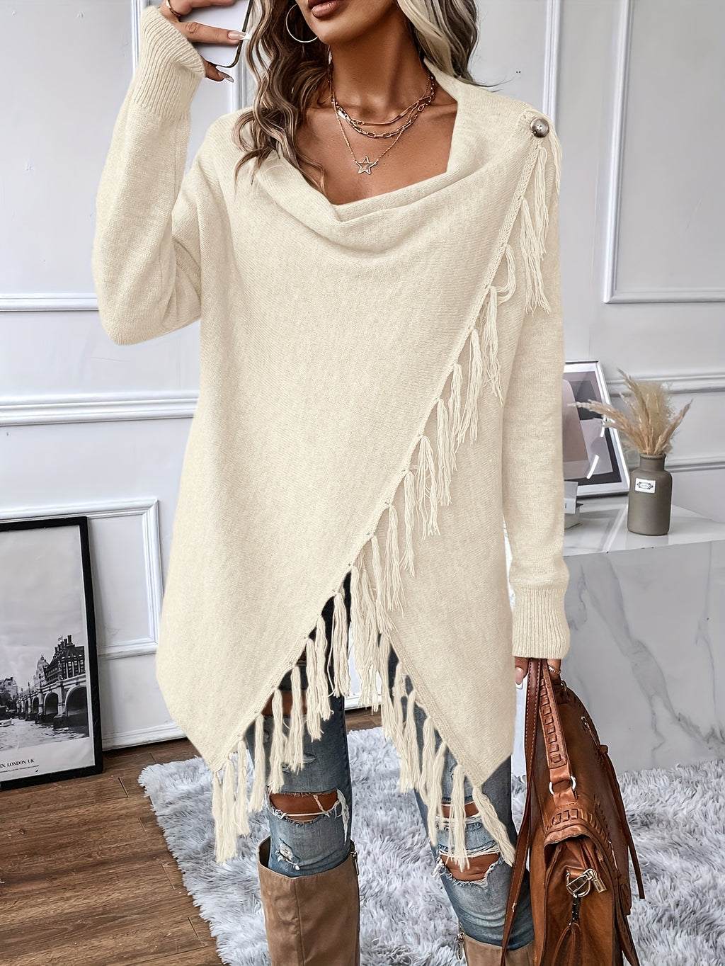 Women's Fringe Tassel Draped Neckline Shawl Wrap - Knit Polyester Fall/Winter
