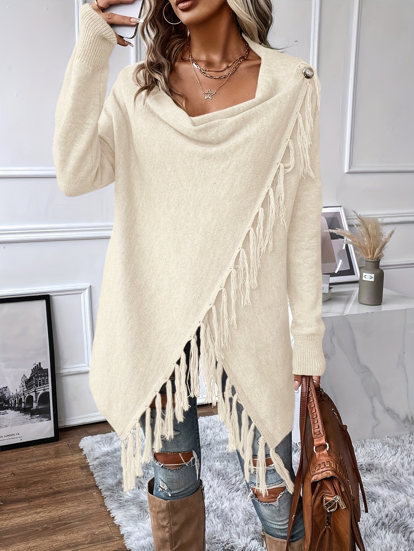 Women's Fringe Tassel Draped Neckline Shawl Wrap - Knit Polyester Fall/Winter