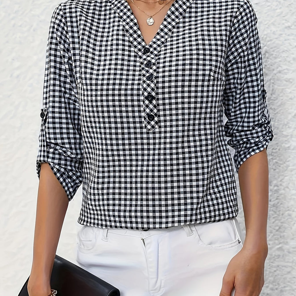 Women's Polyester V-Neck Plaid Blouse with Button Detail and Roll-Up Sleeves, Casual Spring Summer Fall Top
