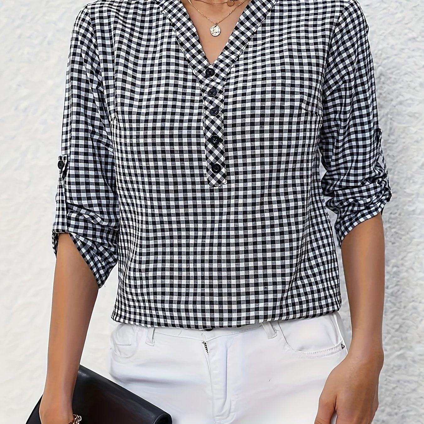 Women's Polyester V-Neck Plaid Blouse with Button Detail and Roll-Up Sleeves, Casual Spring Summer Fall Top