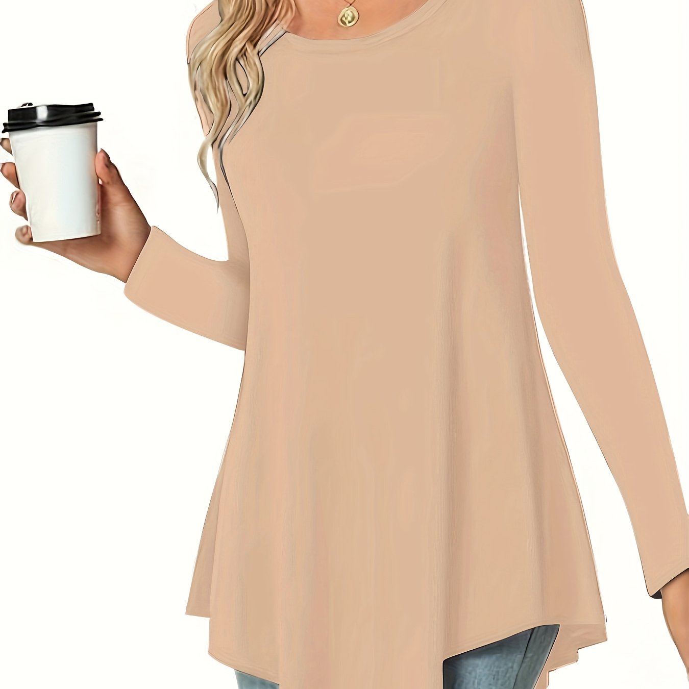 Women's Long Sleeve Peplum Top - Relaxed Fit Crew Neck Casual Blouse for Spring, Summer & Fall