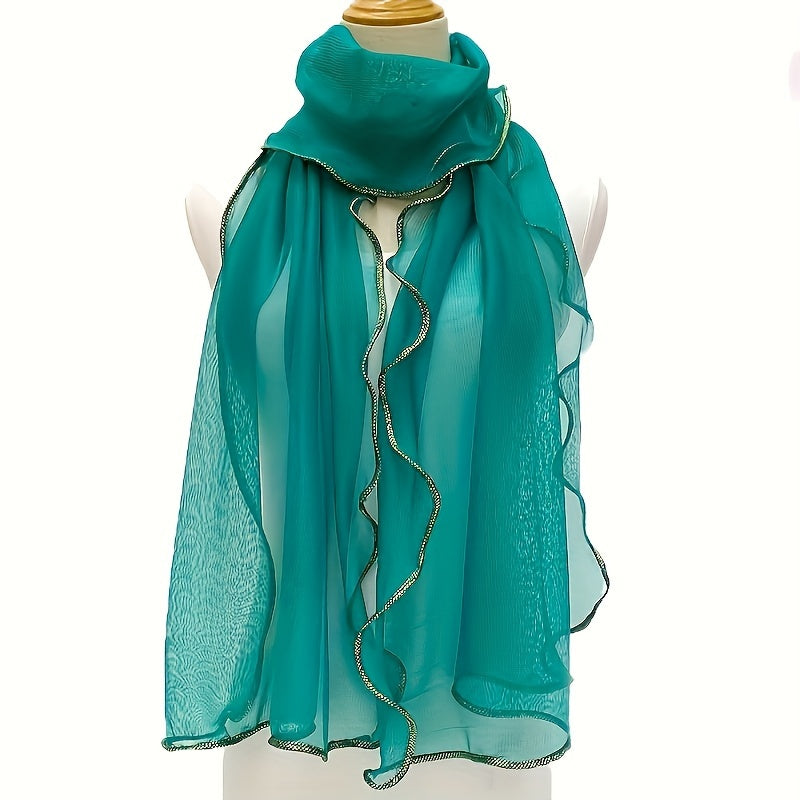Bohemian Ruffle Edge Scarf — Long Lightweight Breathable Shawl with Glitter Accents, Sun Protection Wrap for Women