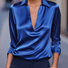 Silvery Satin V-Neck Blouse for Women, Long Sleeve Button-Front Satin Shirt, Elegant Smooth Finish